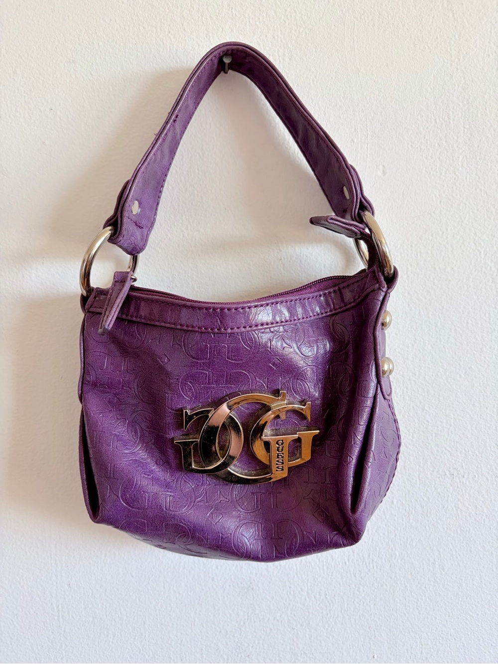 Vintage Y2K Guess Purple Monogram Mini Hobo Shoulder Bag Silver G Logo